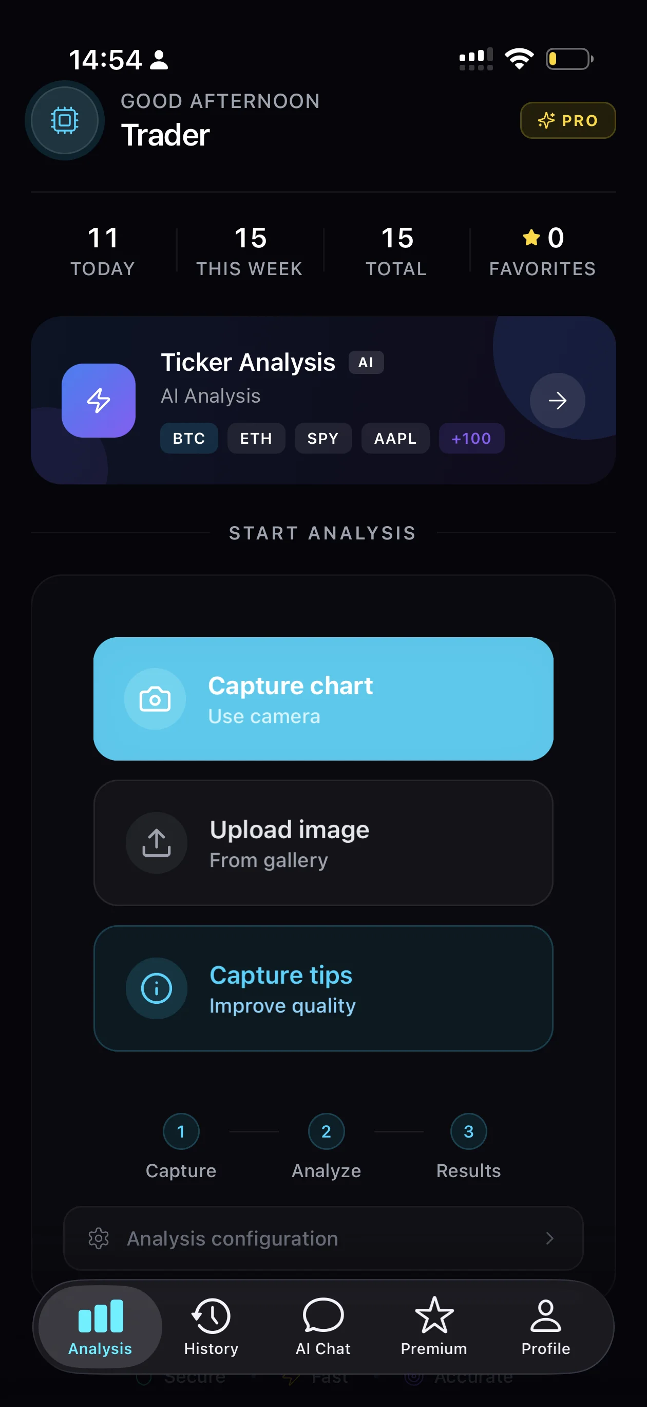 Trading AI app showing AI analysis, trading chat and ticker search for crypto, forex and stocks